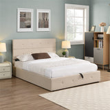 Upholstered Platform Bed, Queen, Beige (500lb Capacity), Gas Lift Storage, Tufted