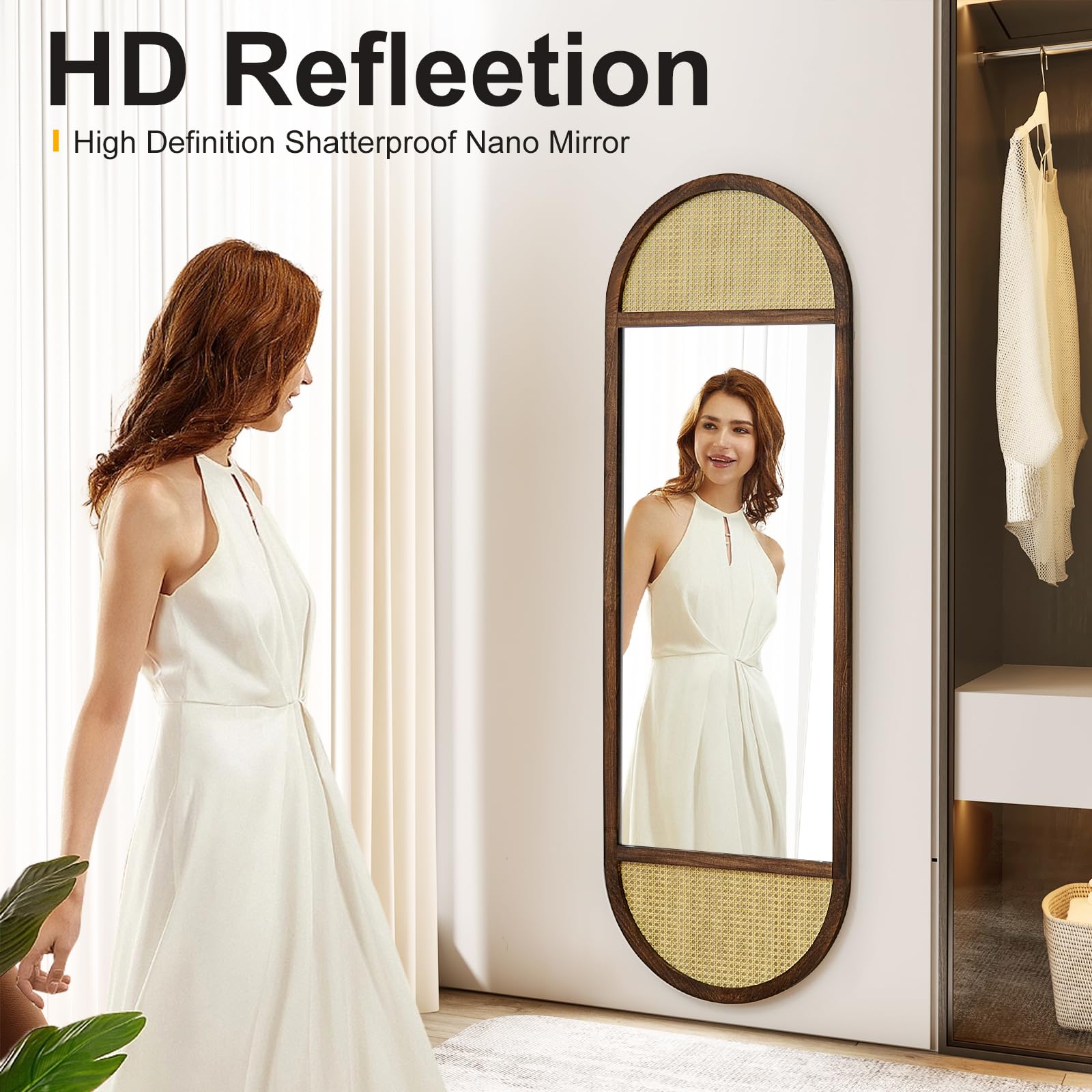 Arched Full Length Mirror with Solid Wood Frame 64"x21"