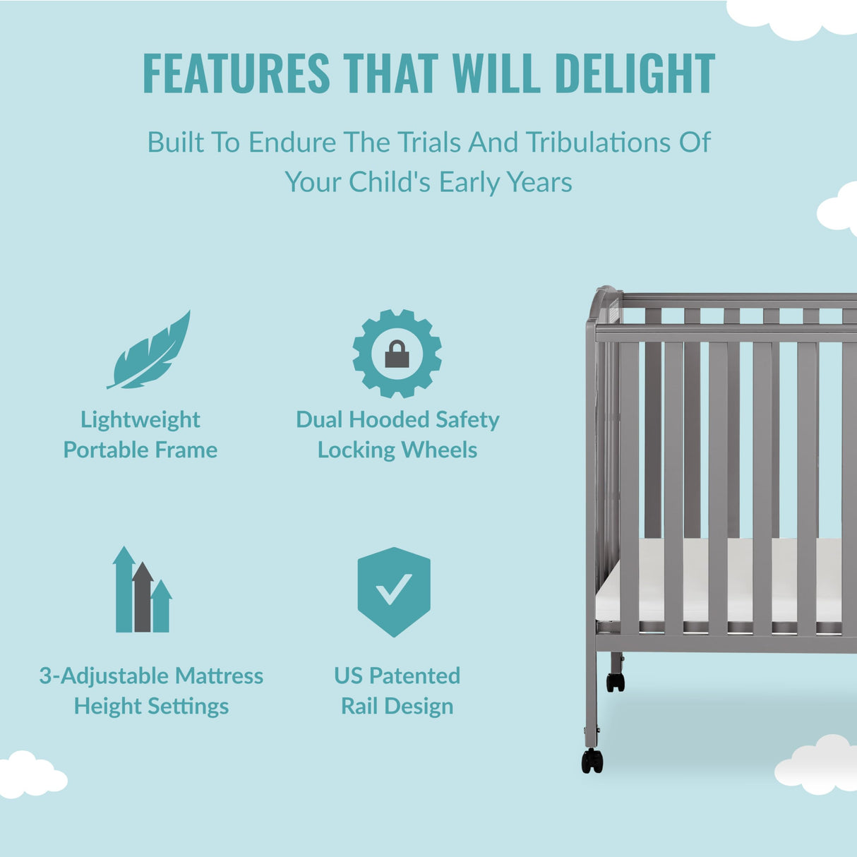 3 in 1 Portable Folding Stationary Side Crib in Steel Grey, Greenguard Gold Certified,