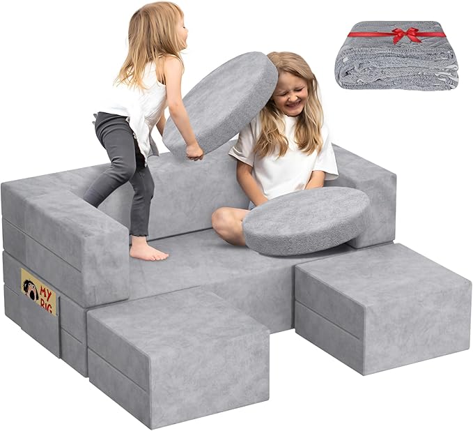 Kids Couch, 6PCS Modular Kids Play Couch with Blanket, Kids Sofa Couch for Playroom & Indoor