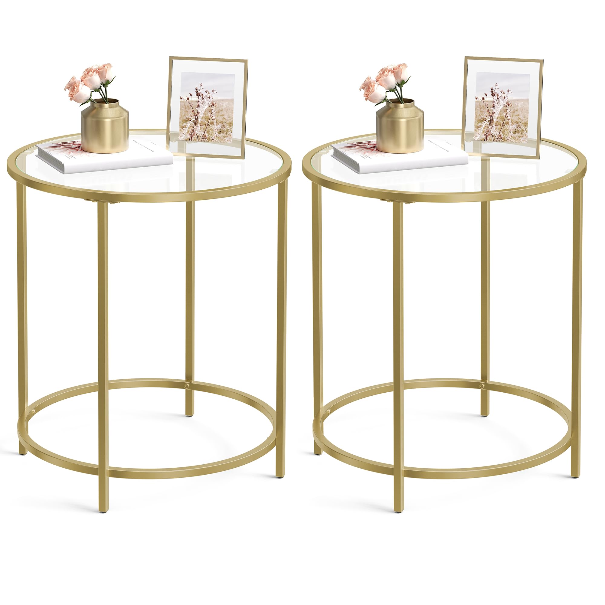Round Side Tables, Set of 2, Glass End Tables with Metal Frame, Gold Coffee Tables