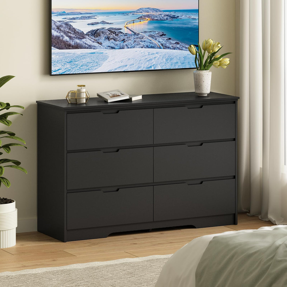 Black Dresser for Bedroom, 6 Drawer Dresser with Wide Drawer, Wood Dressers & Chests of Drawers for Hallway, Entryway.