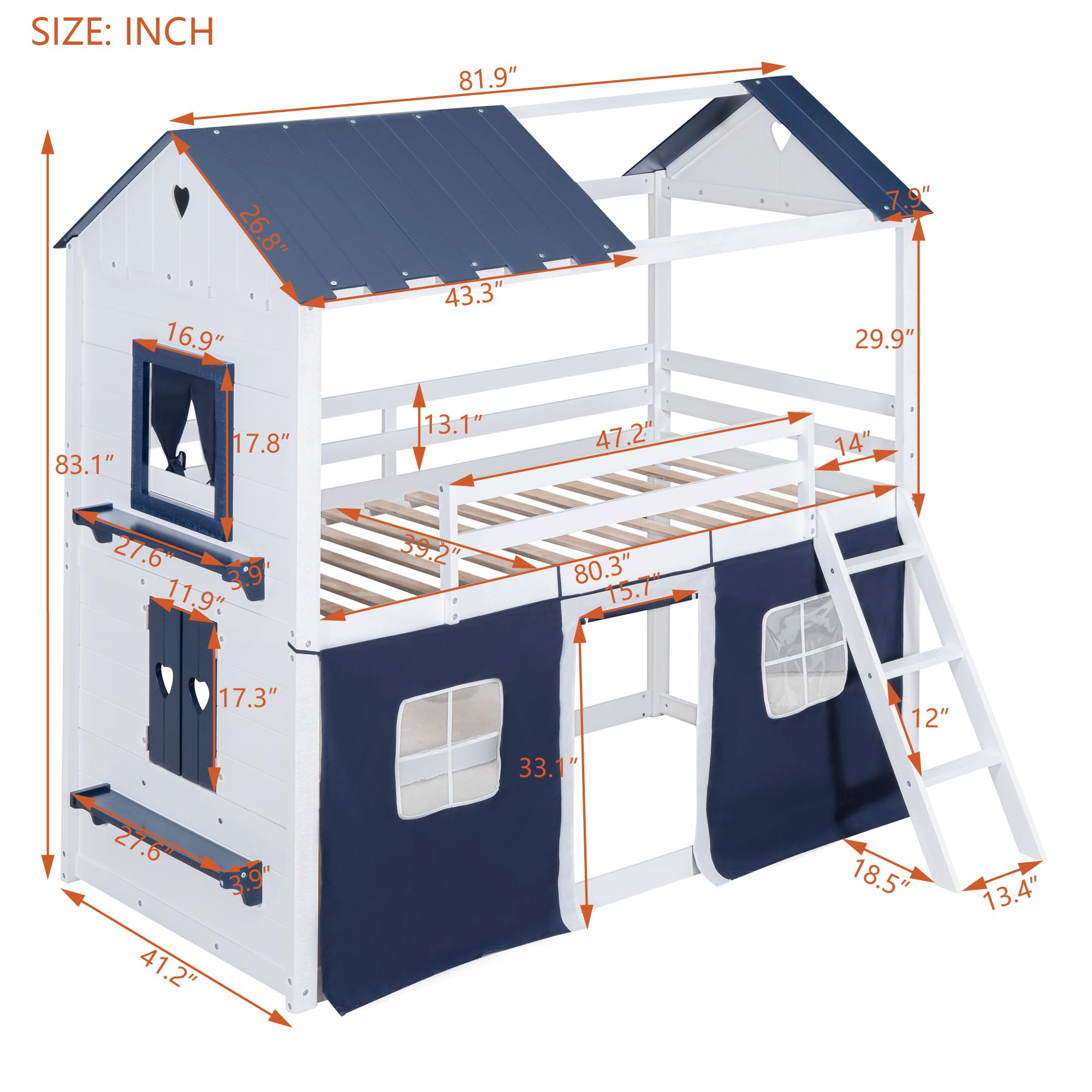 Twin Bunk Wood House Bed with Elegant Windows, Sills and Tent, Blue+White