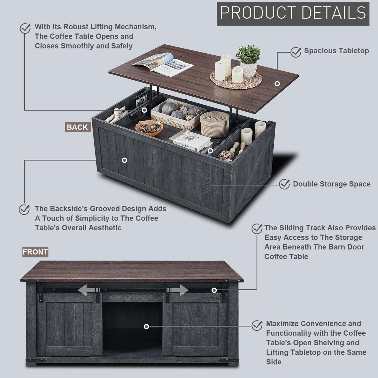 Lift Top Coffee Table with Double Storage Spaces, Farmhouse Rustic Wood Center Table