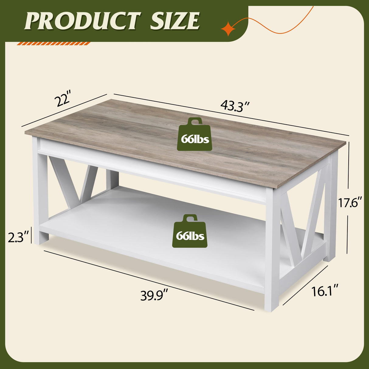 Coffee Table, 43" Living Room Coffee Table with Storage Shelf, Center Table