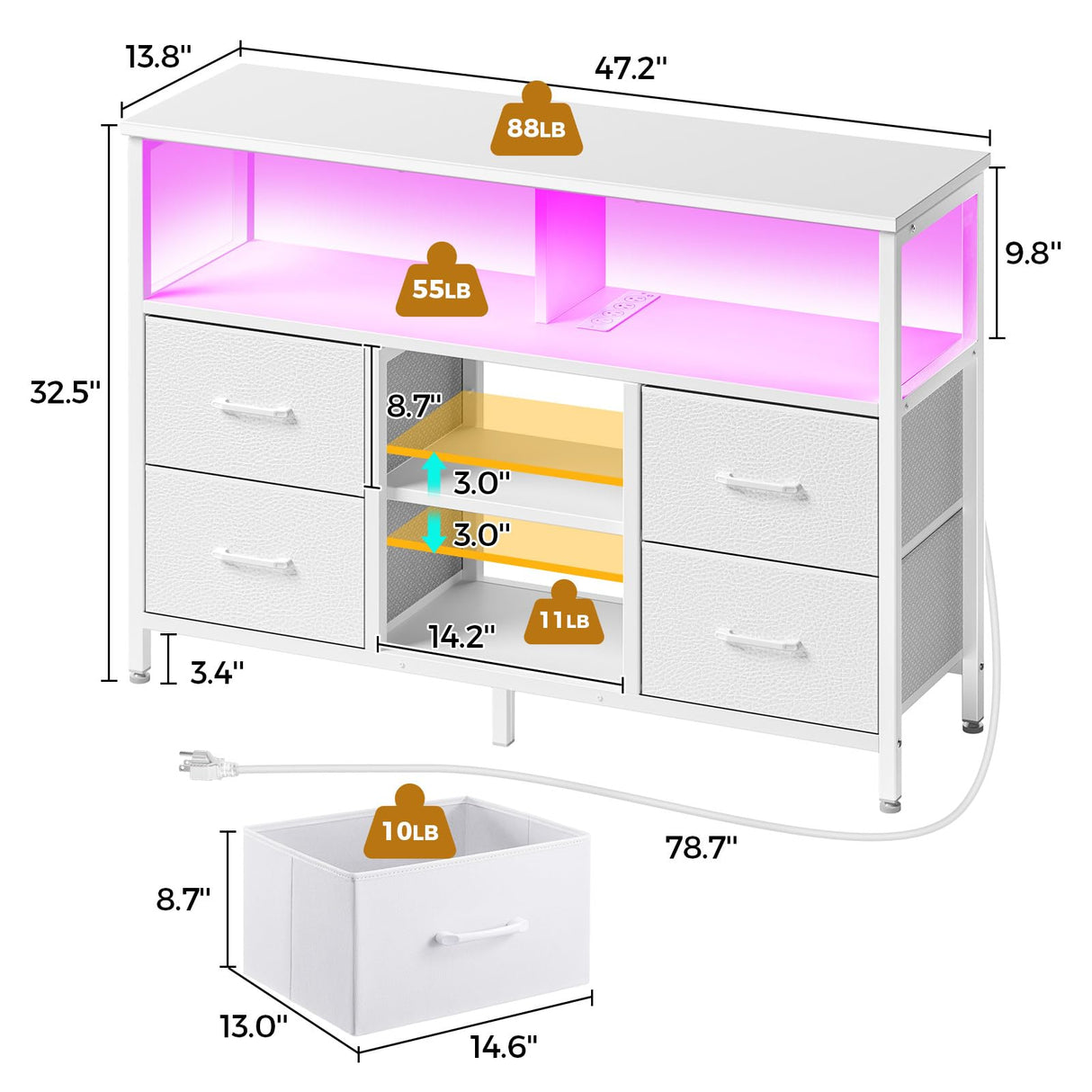 TV Stand with Power Outlets and LED Light, 4 Fabric Drawers Entertainment Center