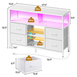 TV Stand with Power Outlets and LED Light, 4 Fabric Drawers Entertainment Center
