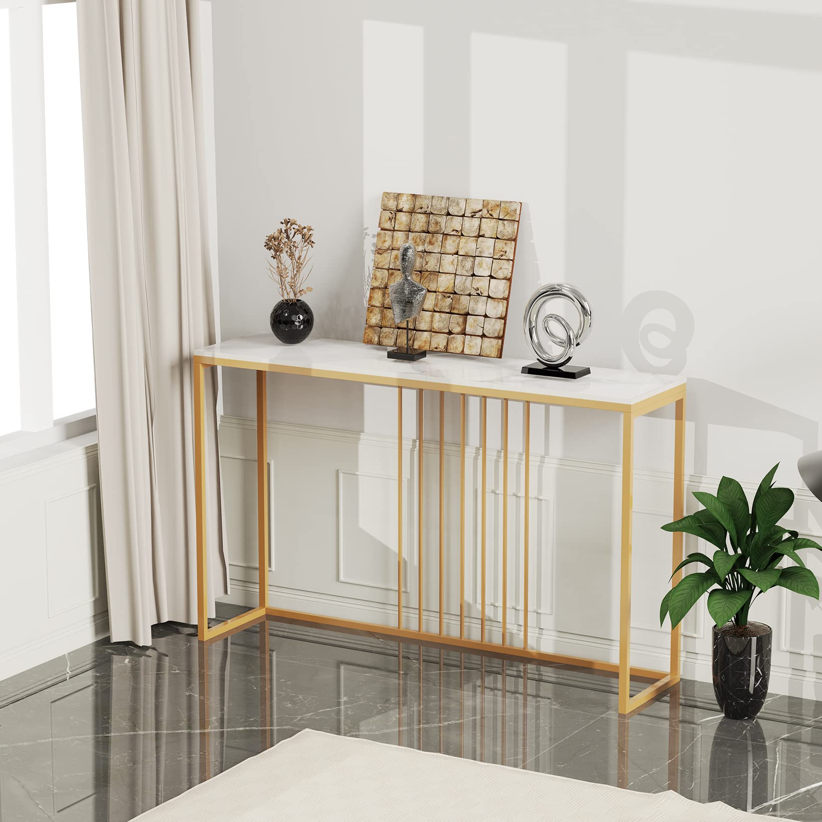 Sintered Stone Console Table: White Entryway Table with Golden Frame - Modern Narrow Table Behind Sofa