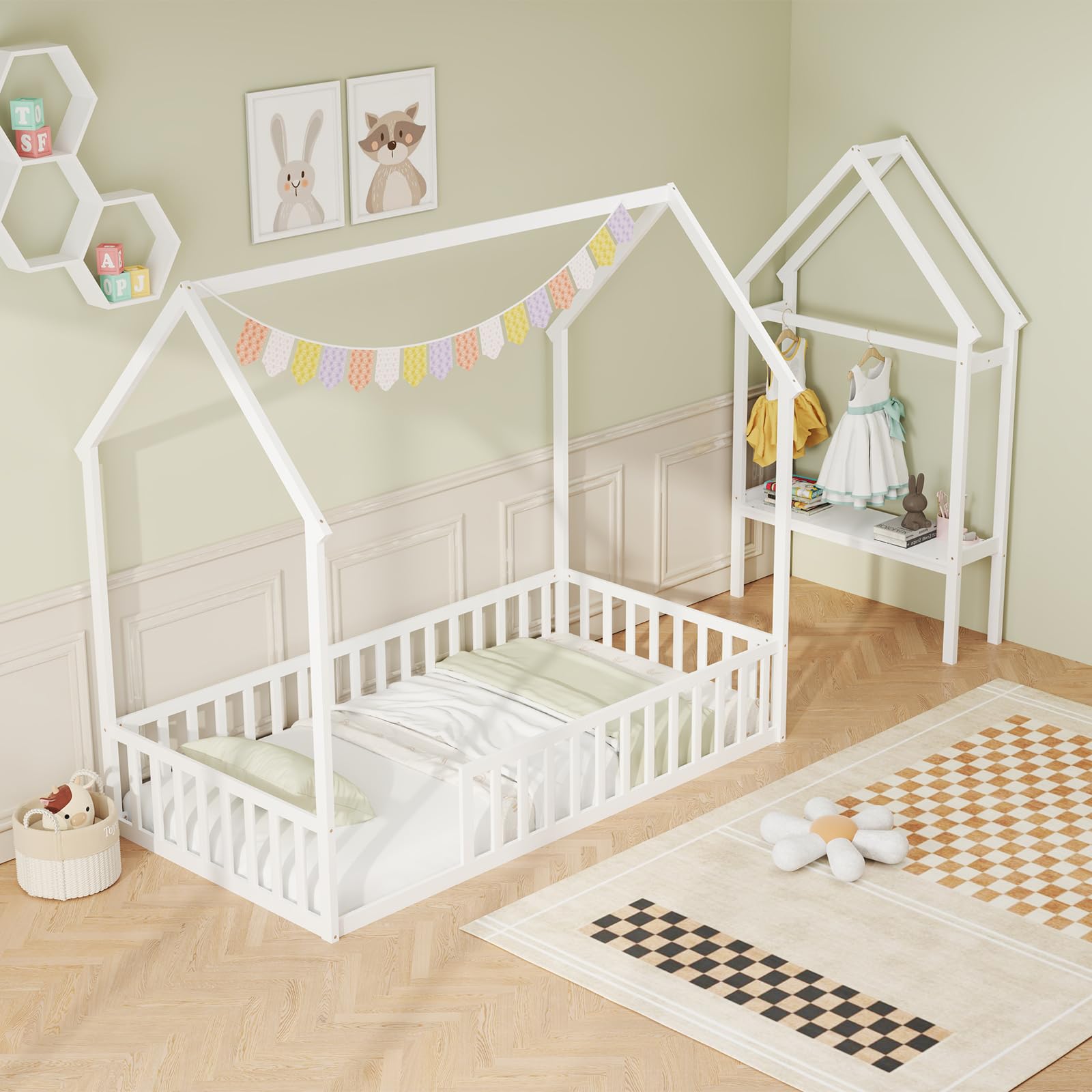 Twin House Floor Bed, Solid Wood Montessori Floor Bed with Detachable Storage Shelf & Clothes Hanger