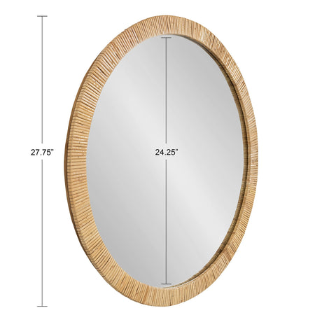 Rahfy Boho Round Rattan Mirror, 28 Inch Diameter, Natural Wood, Decorative Round Wood