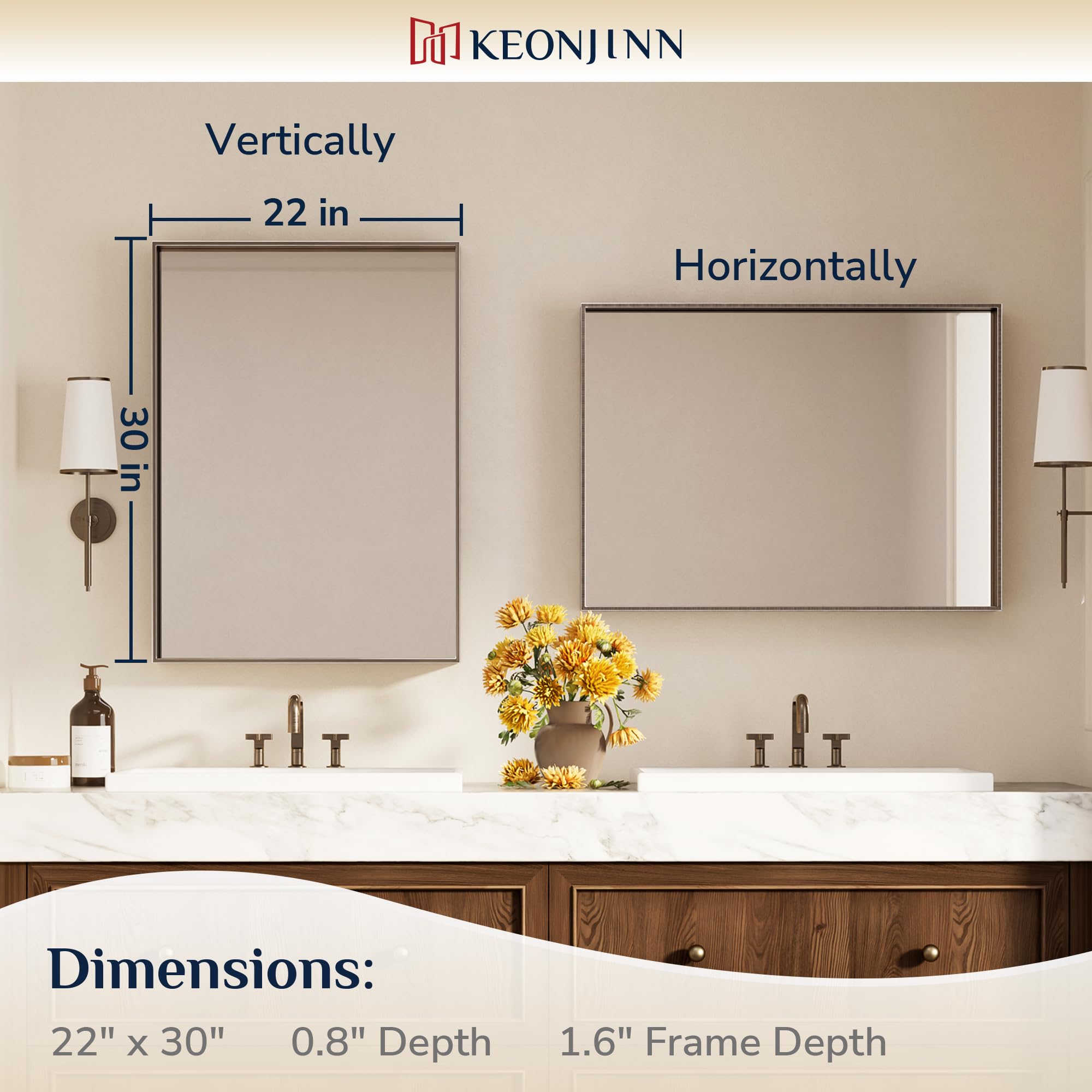 Keonjinn 22 x 30 in Brushed Bronze Framed Mirror for Bathroom, Rectangular Wall Mount Mirror Square Corner, Metal Farmhouse Mirror Modern Rectangle Bathroom Mirror for Over Sink(Horizontal/Vertical)