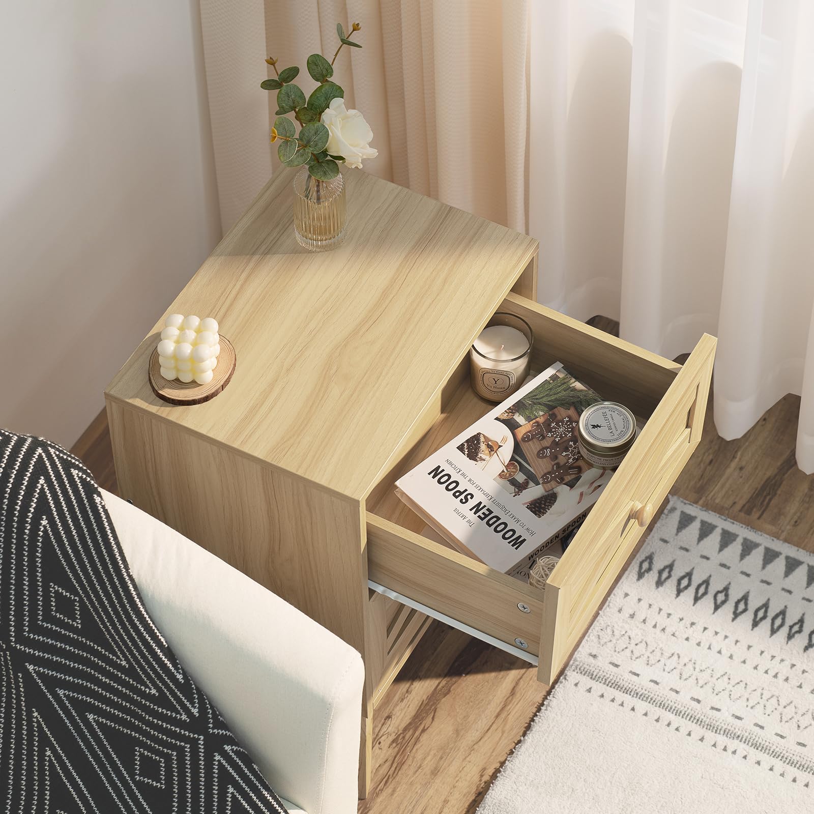 Nightstand, Natural End Table with 2 Drawers Barn Door Decorated, Mid Century Modern
