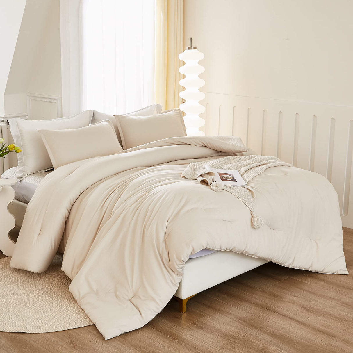 Beige Comforter Set California King Size, 3 Pieces Cal King Lightweight Solid Bedding