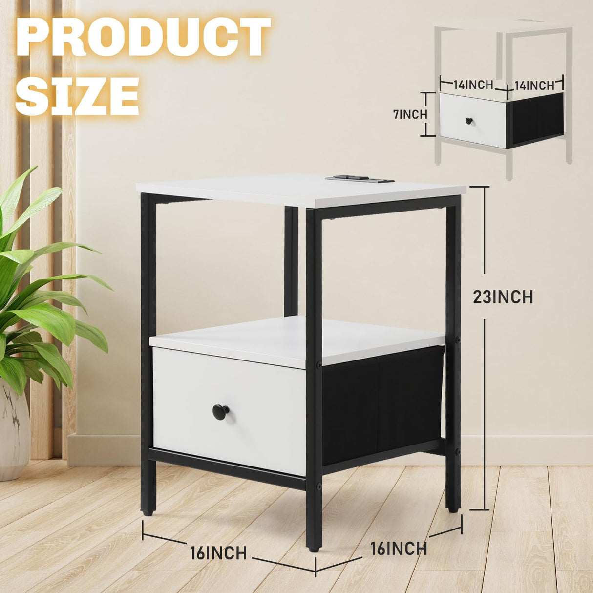 Nightstands Set of 2, 16" x 16" x 23" Bed Side Table with Charging Station