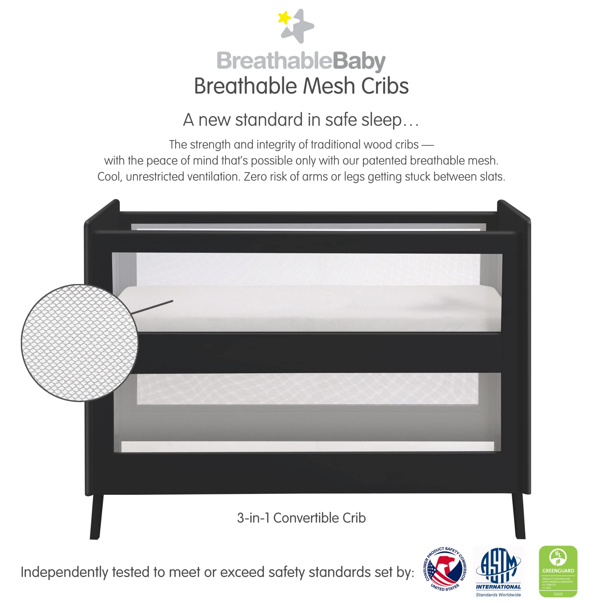 Breathable Mesh 3-in-1 Convertible Crib (Toddler Bed Kit Sold Separately) — Black