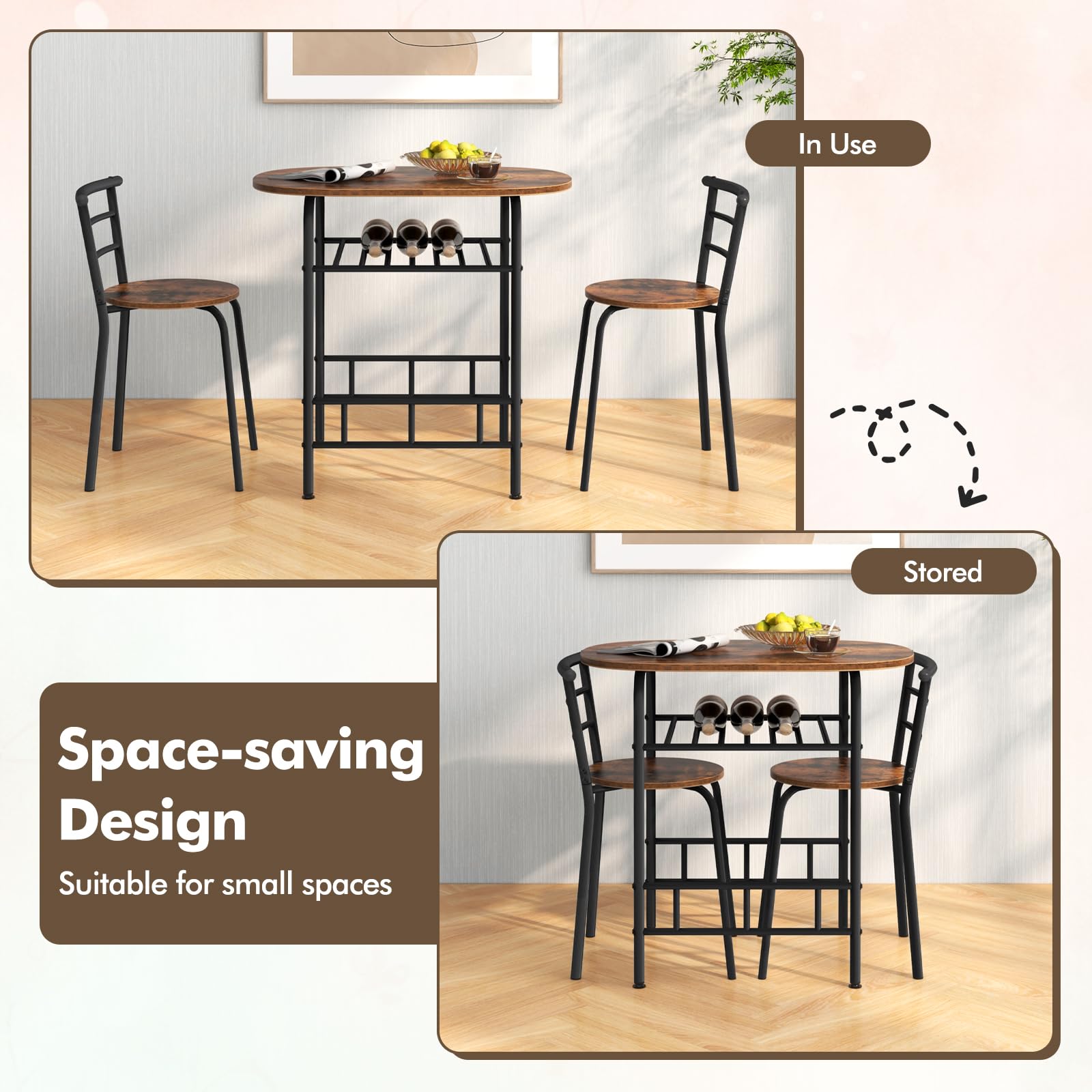 Giantex 3 Piece Dining Set Compact 2 Chairs and Table Set with Metal Frame and Shelf Storage Bistro Pub Breakfast Space Saving for Apartment and Kitchen (Black & Brown)