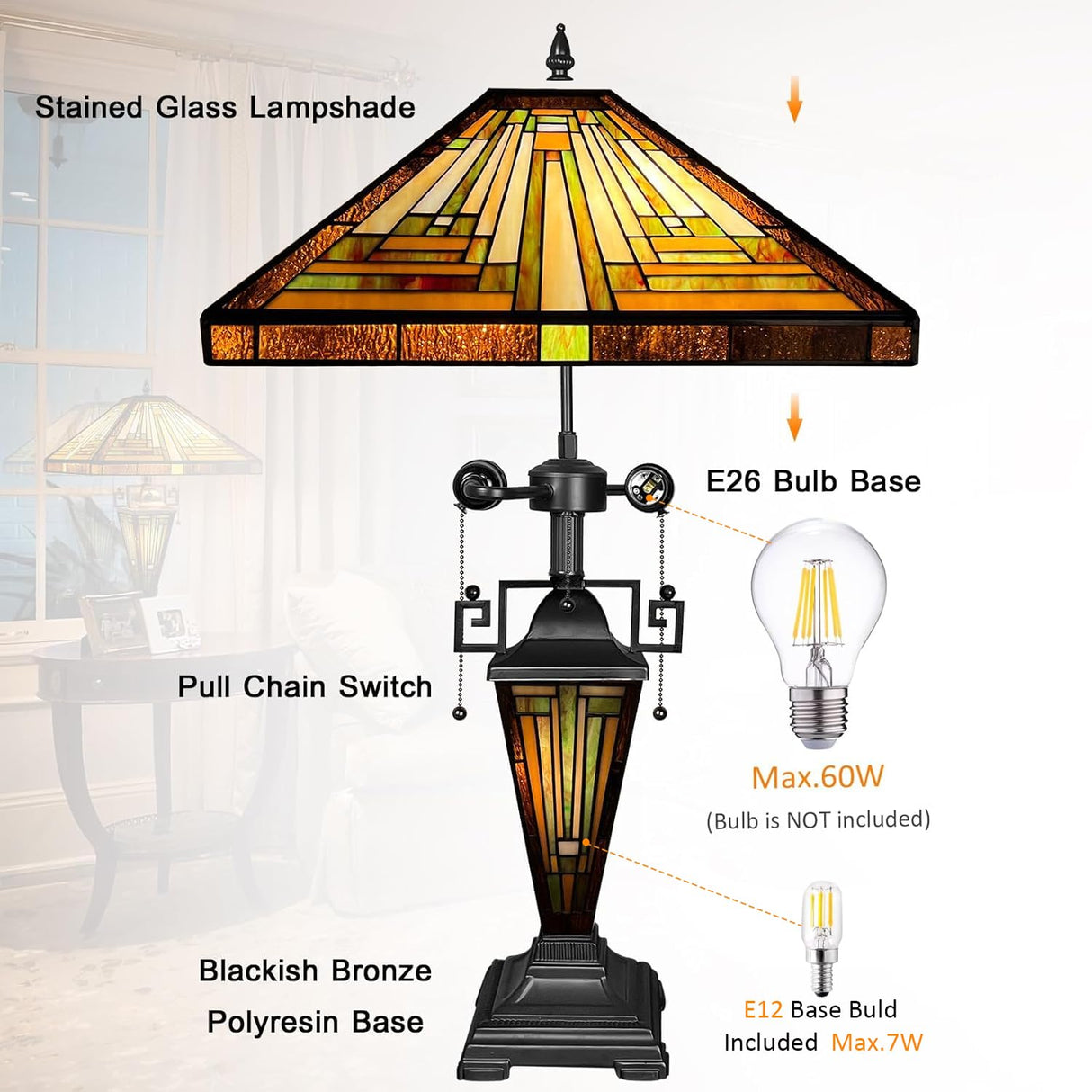 Capulina Tiffany Lamp Stained Glass Table Lamp 3-Light 16X16X24 Inches Mother-Daughter Vase Amber Brown Mission Tiffany Style Desk Reading Lamp for Living Room Bedroom Study Home Office