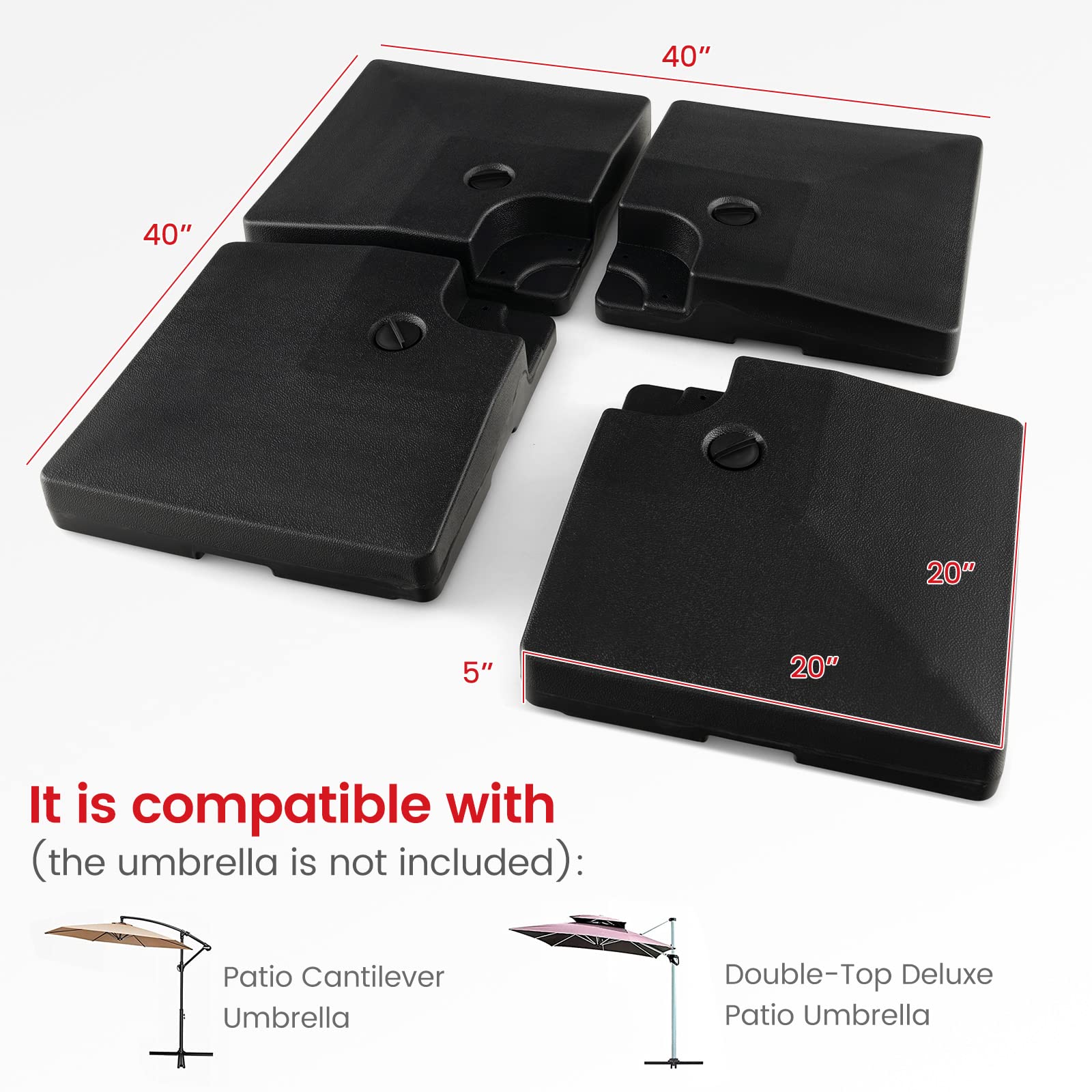 Giantex 284 lbs Fillable Offset Patio Umbrella Base, 4PCS Umbrella Stand Water Sand Weight for Cantilever Umbrella, Easy-Filling Spouts, Outdoor Market Umbrella Base Holder for Garden Yard Poolside