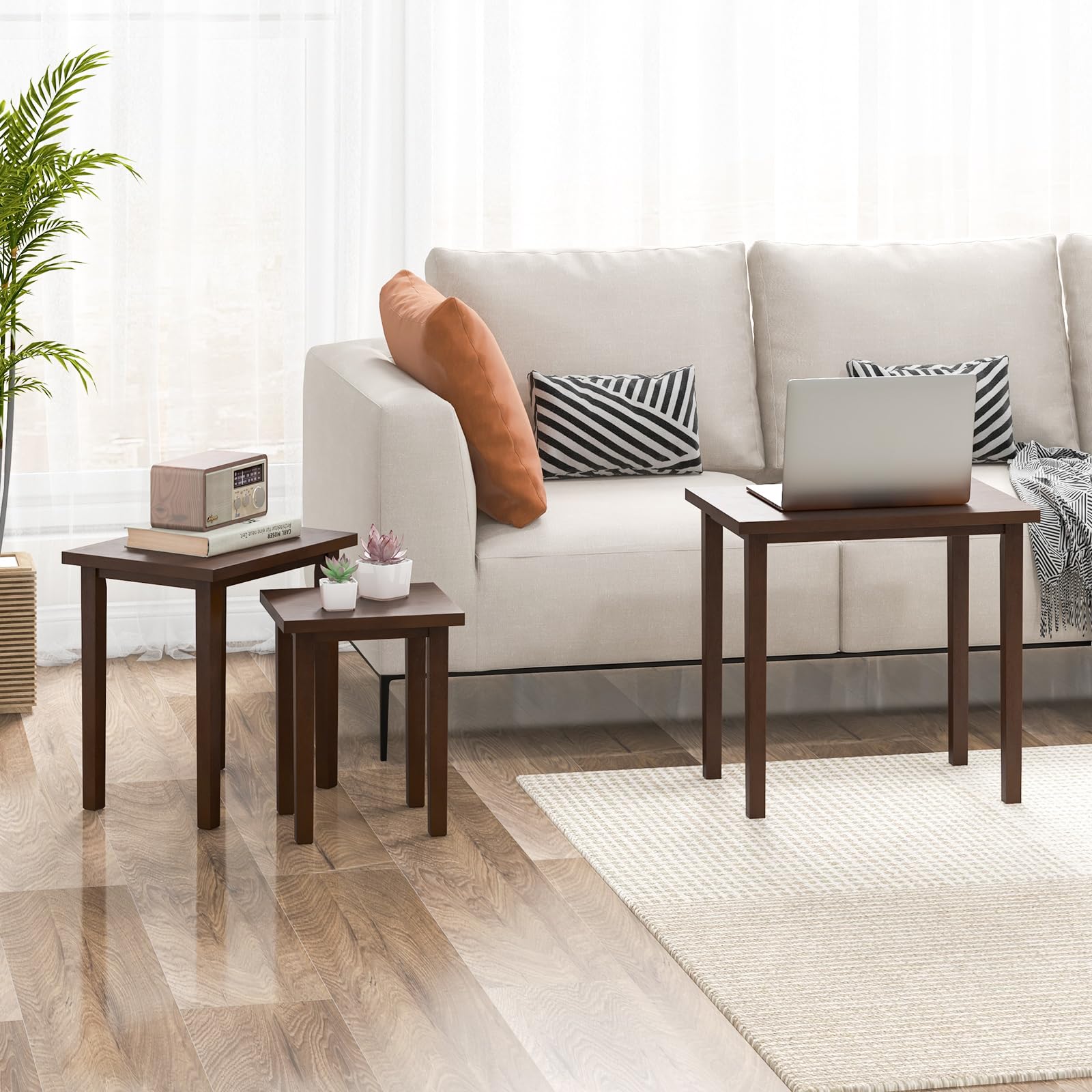 Nesting Tables Set of 3, Farmhouse Stacking Side Tables with Rubber Legs