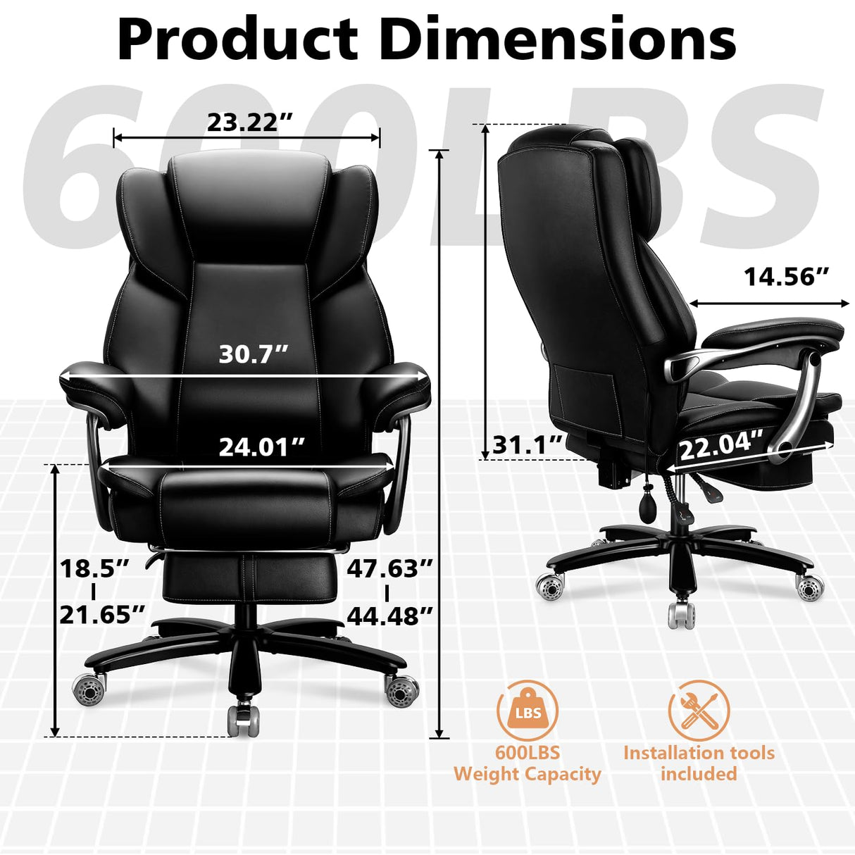 600lbs Big and Tall Executive Office Chair with Adjustable Lumbar Support