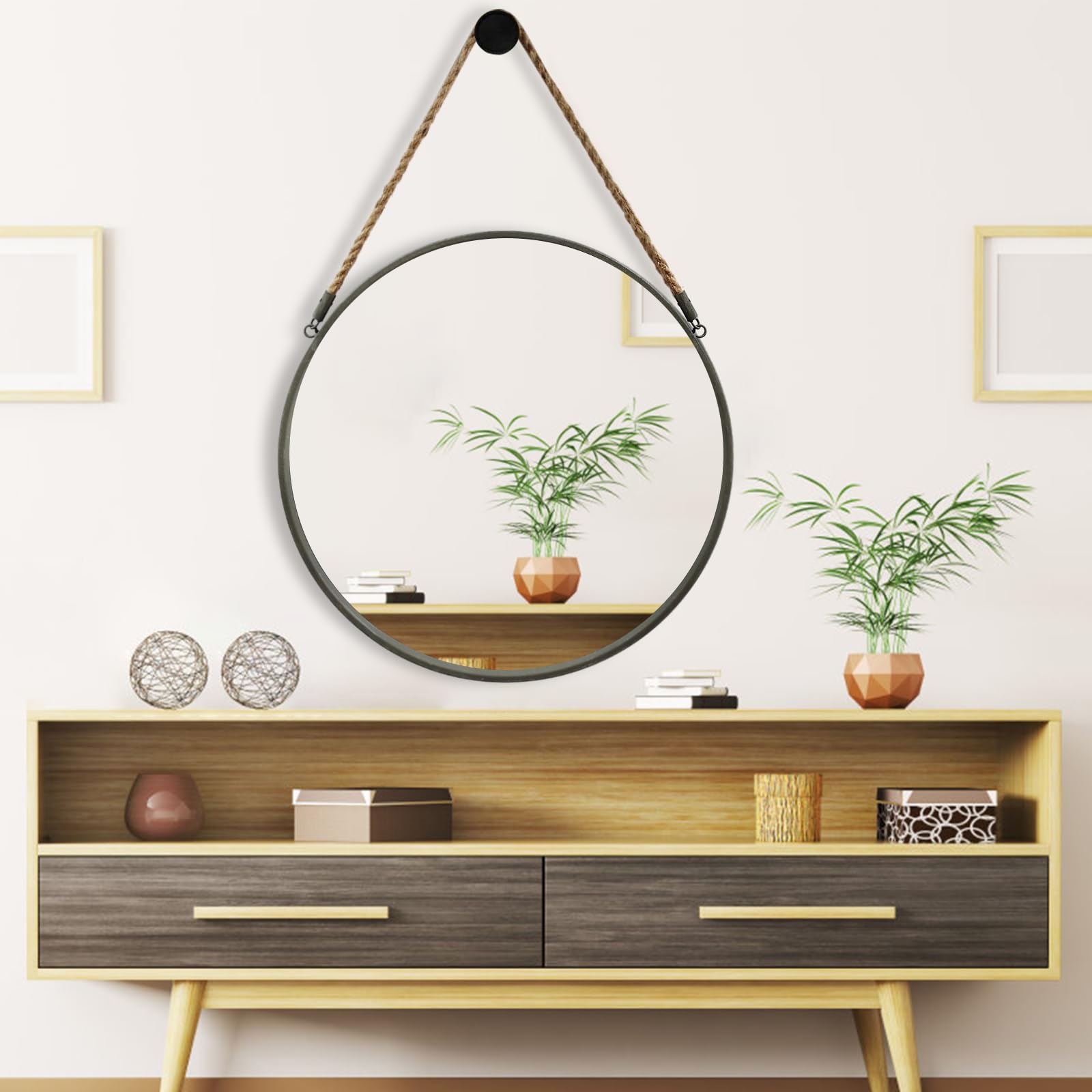 Round Hanging Mirror, Circle Wall Mirror with Rope, Farmhouse Mirror