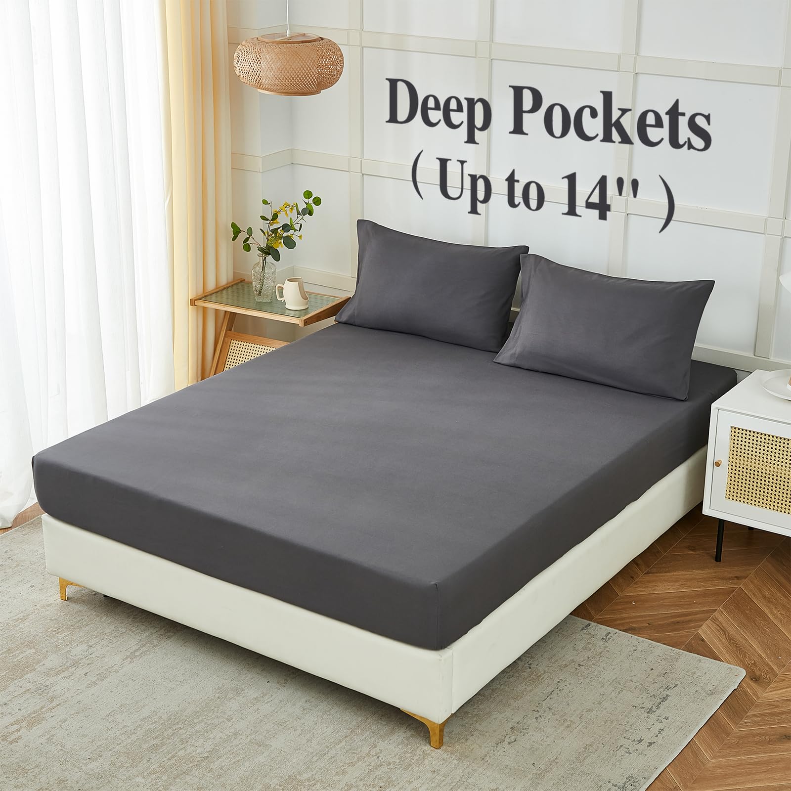 King Size Sheets Set, 4 Piece Microfiber Grey Bed Sheets King Set,Hotel Luxury Super