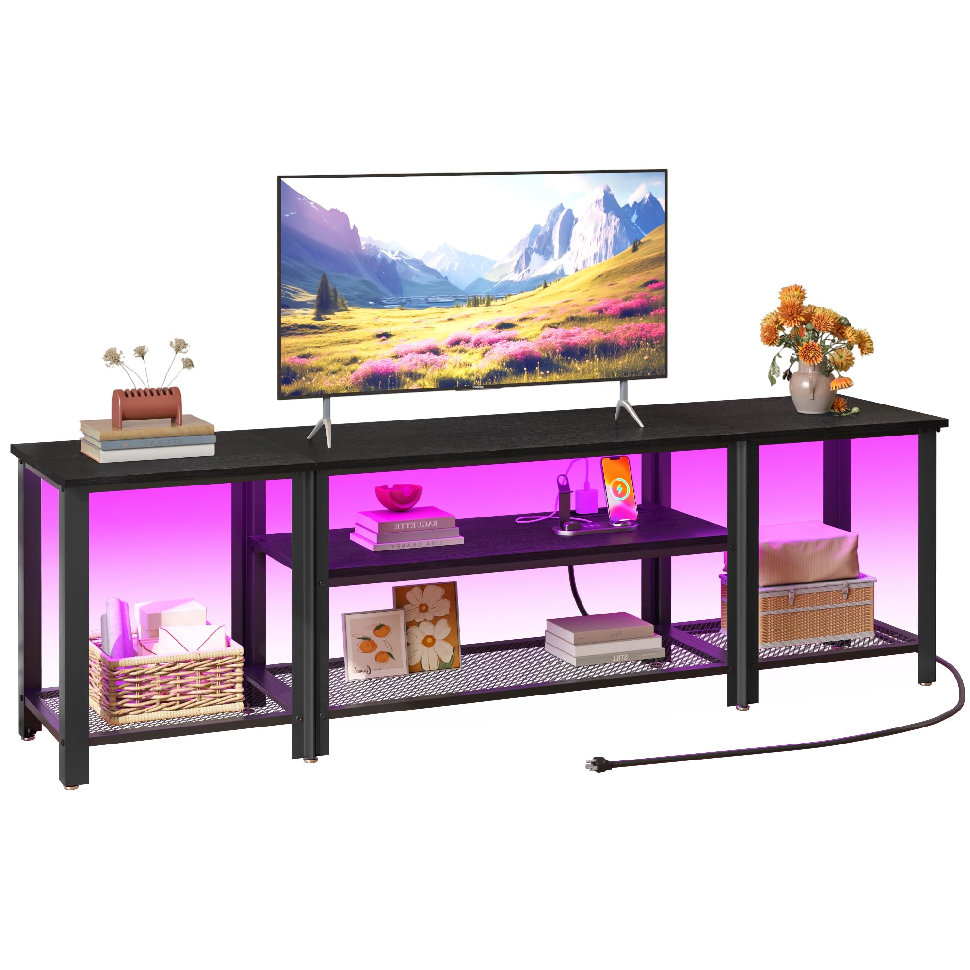Industrial Metal TV Stand with RGB LED Lights & Power Outlets