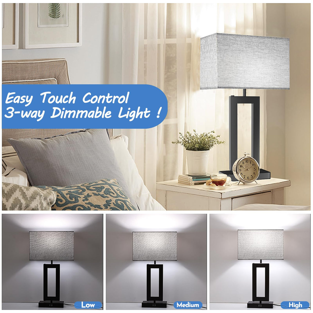 22’’ Tall Set of 2 Touch Control Table Lamp w. 2 USB Ports, 3-Way Dimmable Modern