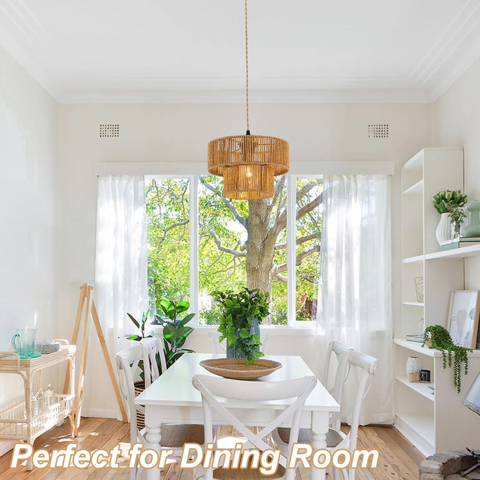 Farmhouse Rattan Pendant Light Fixture Vintage Boho Hand-Woven Bamboo Pendant