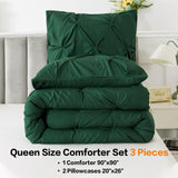 Dark Green Pinch Pleated Comforter Queen(90x90Inch), 3 Pieces(1 Pintuck Comforter and 2 Pillowcases)