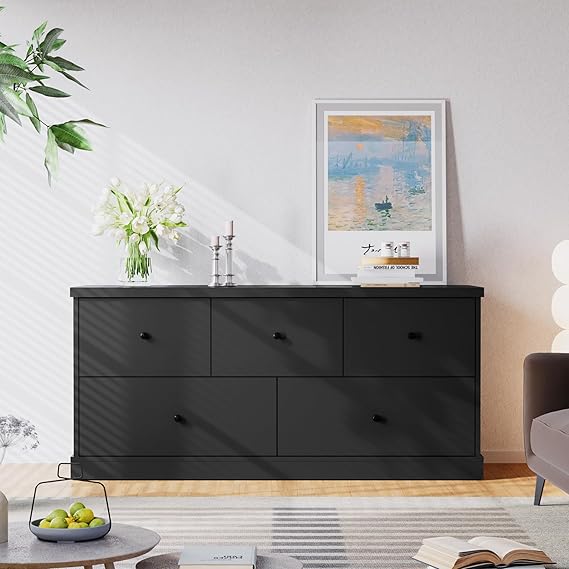 Wooden Dresser for Bedroom, Wide Chest of Drawers with 5 Drawers