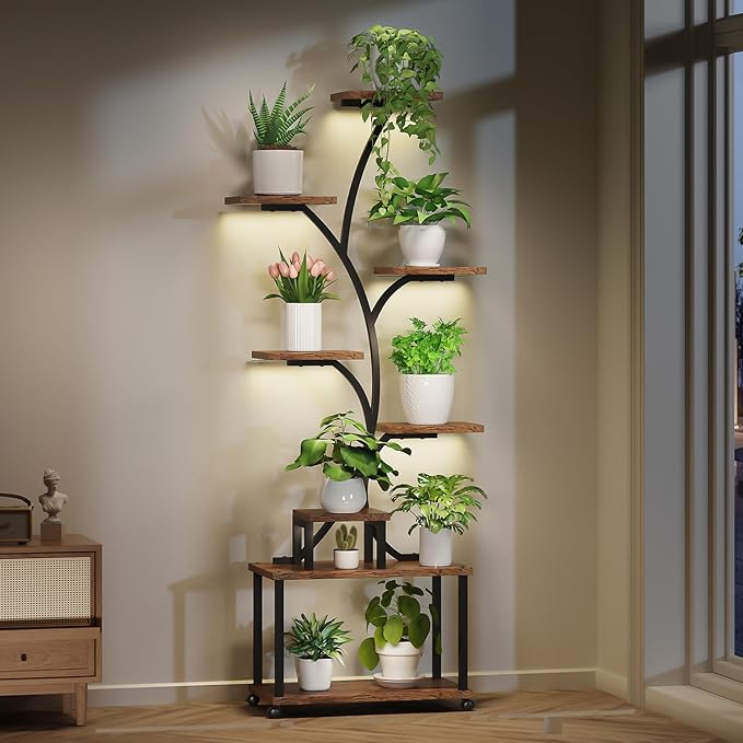 Plant Stand Indoor with Grow Lights, 8-Tiered Large Metal Plant Shelf with Wheels