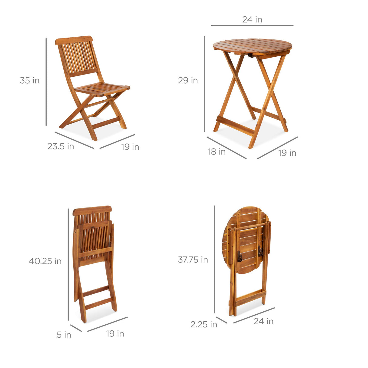 3-Piece Acacia Wood Bistro Set, Folding Patio Furniture for Backyard