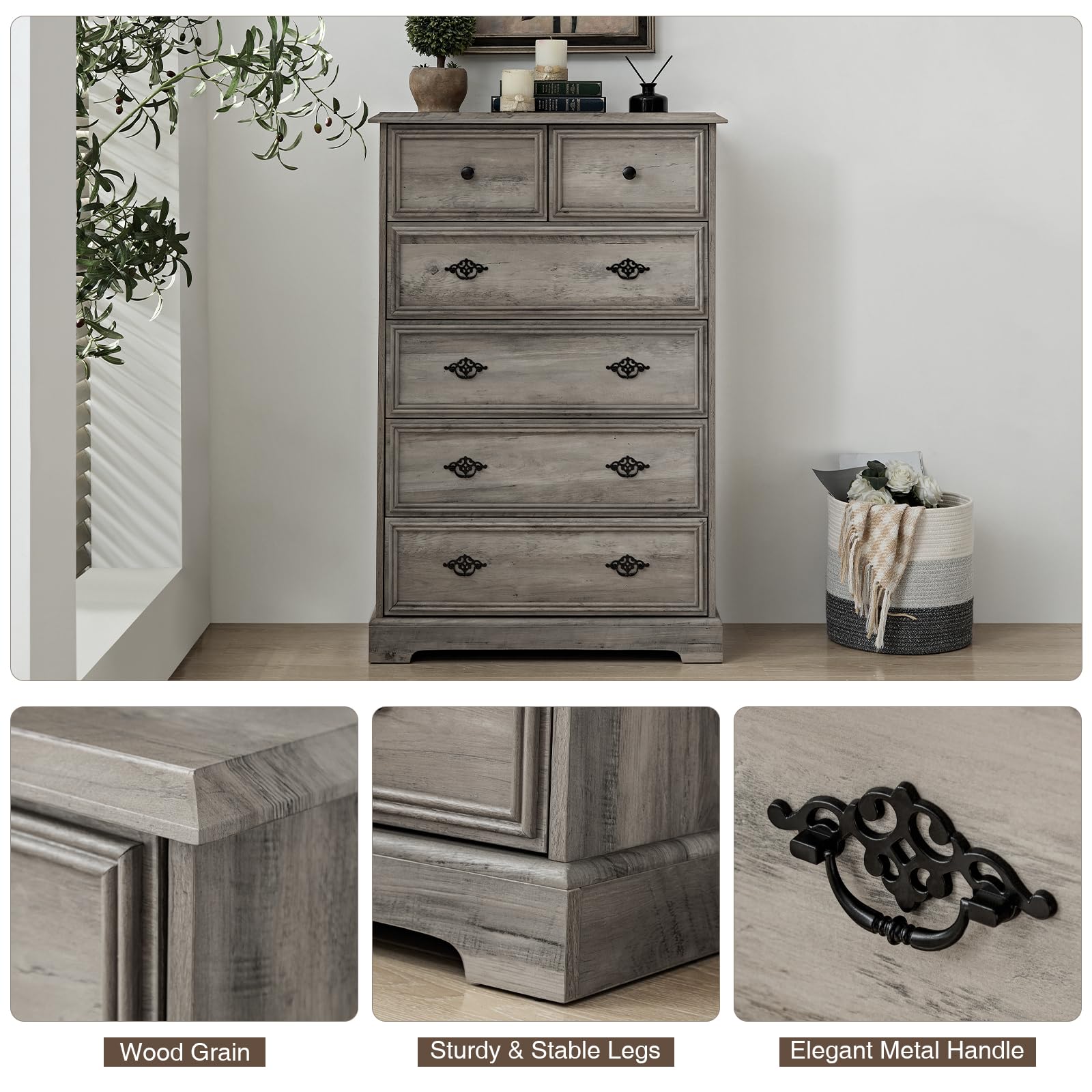 Farmhouse Drawers Dresser for Bedroom, 6 Drawers Dresser Chests for Bedroom