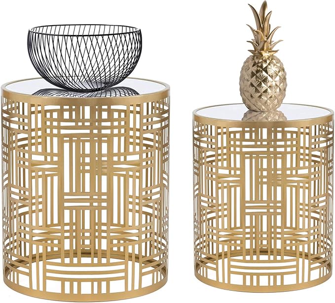 Set of 2 Side, Decorative Round Metal Accent End Nightstands, Coffee Plant Stand