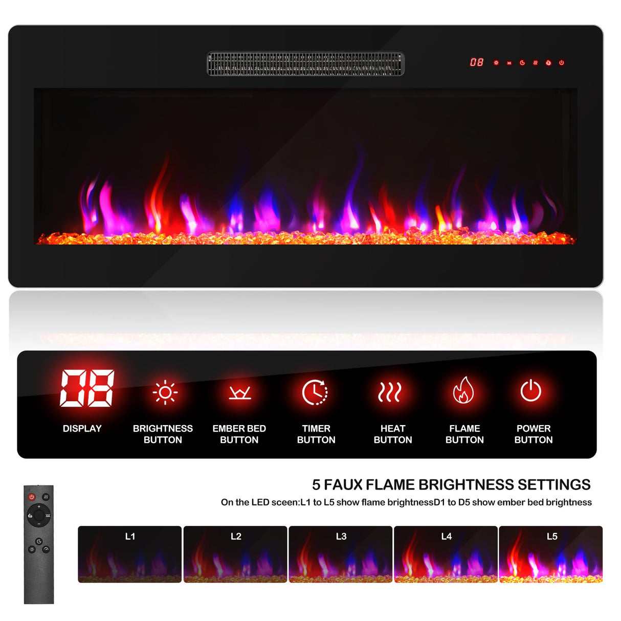 68" Wood TV Stand with 36" Electric Fireplace - White Ebony