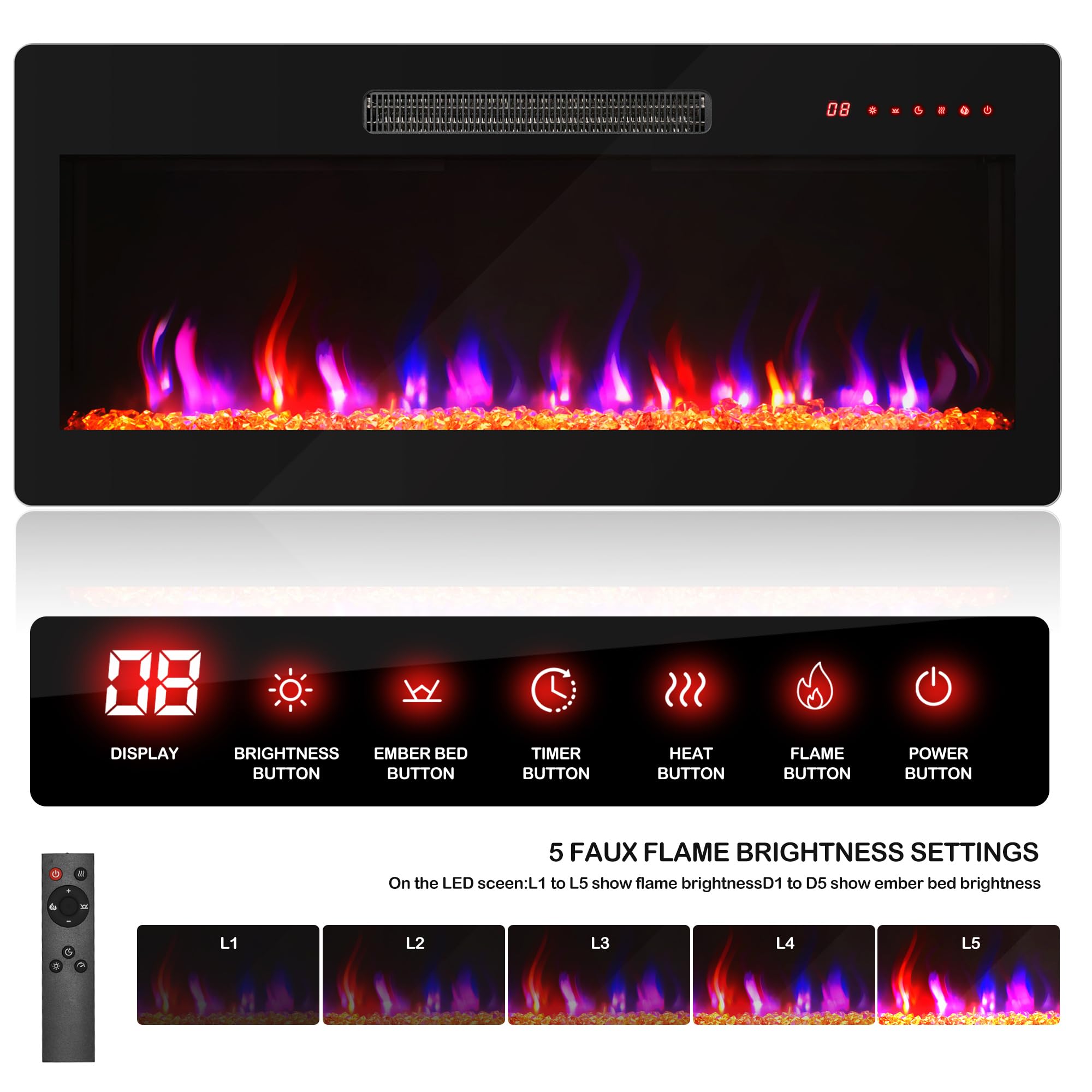 68" Wood TV Stand with 36" Electric Fireplace - White Ebony