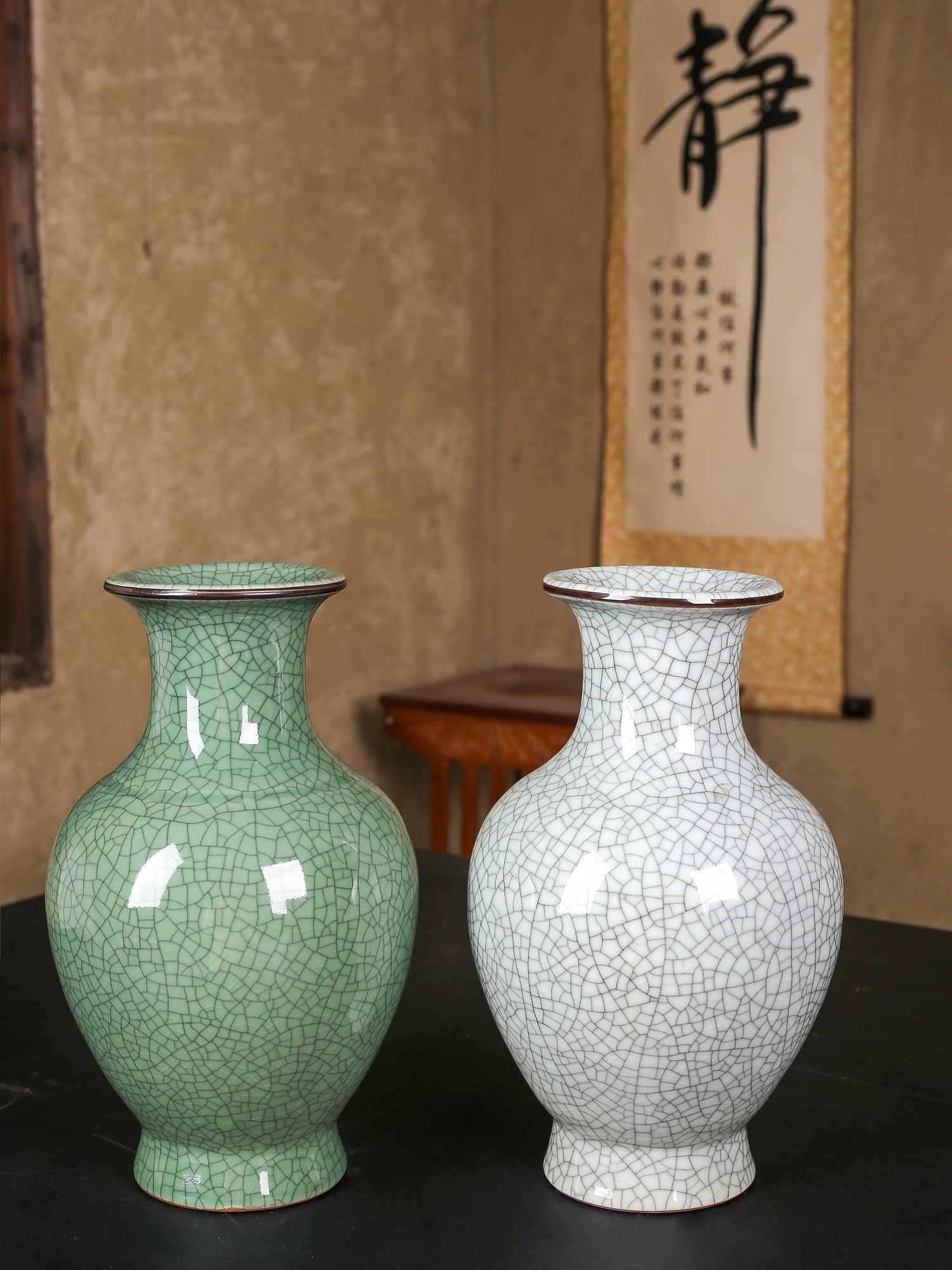 Green Ceramic Vase for Home Decor, Rustic Oriental Vases