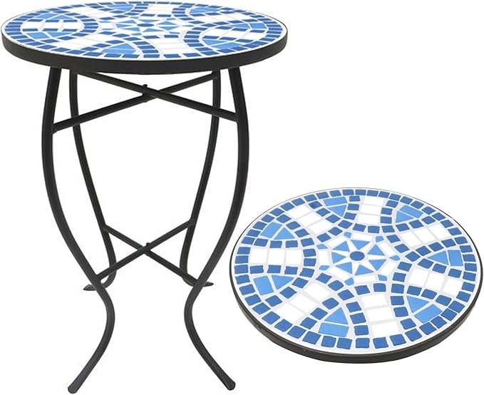 Outdoor Side Table Mosaic 14 Inch Round Accent Table Plant Stand with Concrete Tile Top