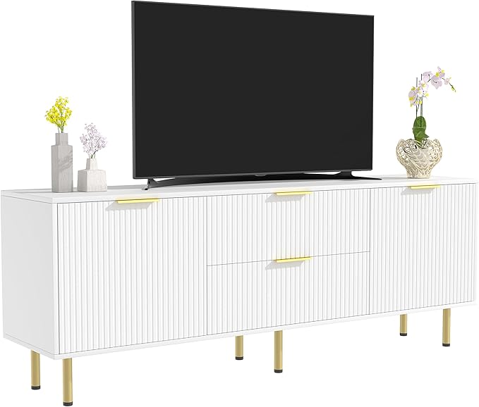 Mid Century Modern TV Stand for 80 Inch TV, Entertainment Center with 4 Large Drawers