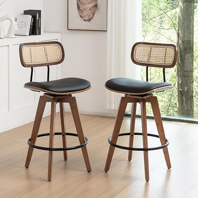 Rattan Bar Stools Set of 2, Faux Leather Counter Height Swivel Barstools