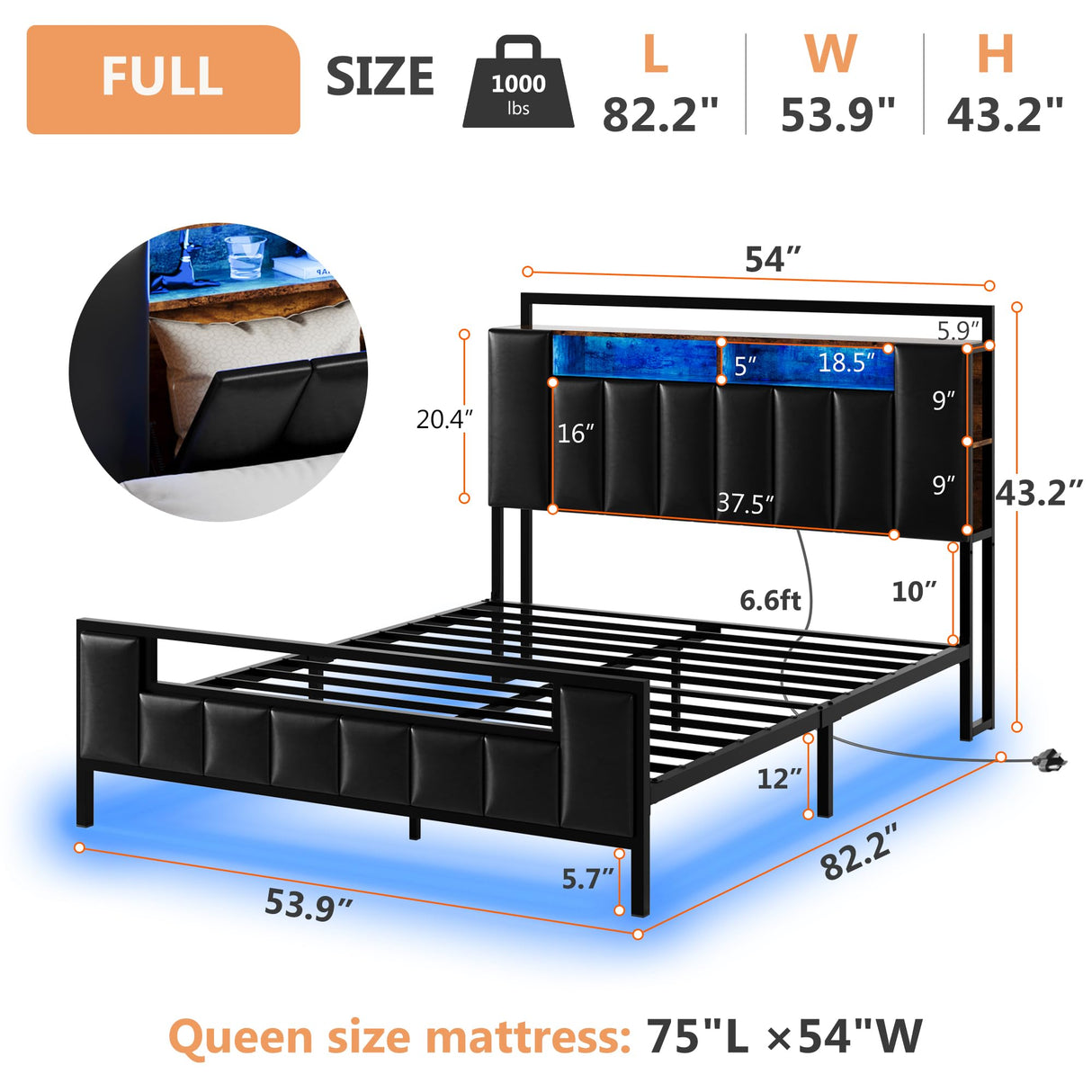 Full Size Bed Frame with Storage Headboard & Charging Station,