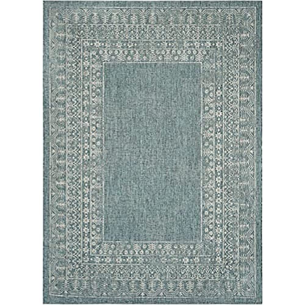 Courtyard Collection 8' x 11' Blue/Grey CY8482 Indoor/ Outdoor Waterproof Easy-Cleaning