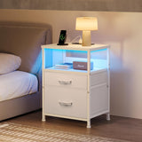 White Nightstand with Charging Station, LED Night Stand with 2 Fabric Drawers, Side Table