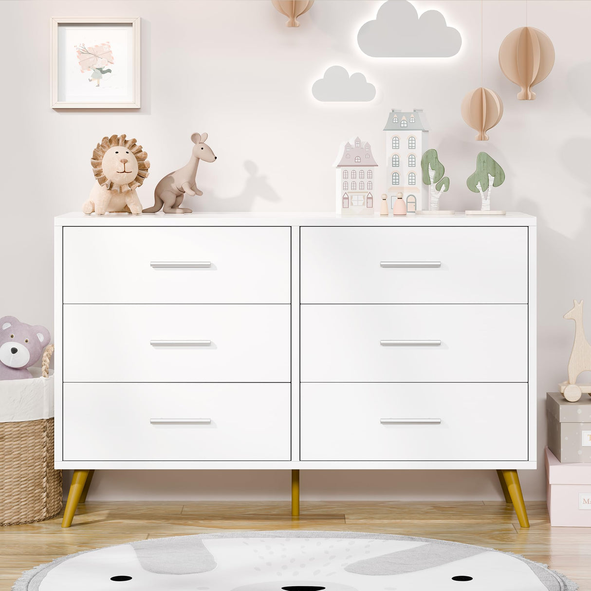 Shintenchi 6 Drawer Dresser, White Double Dresser for Bedroom, Modern Chest of Drawers TV Stand, Wooden Storage Organizer for Living Room, Entryway, White and Gold Dresser