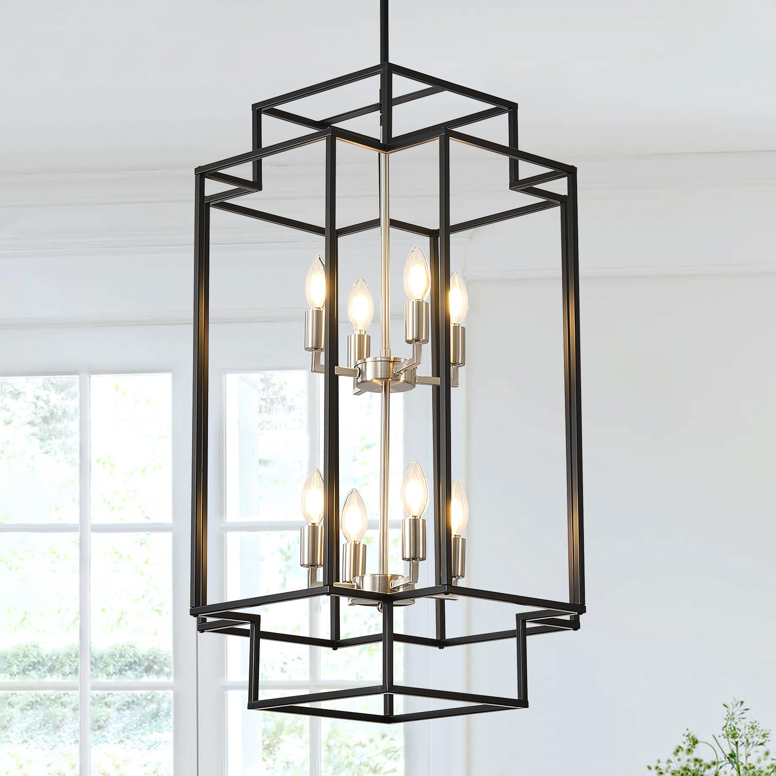 8-Lights Lantern Tiered Pendant Light Fixtures, Black and Silver Foyer Lighting Fixtures