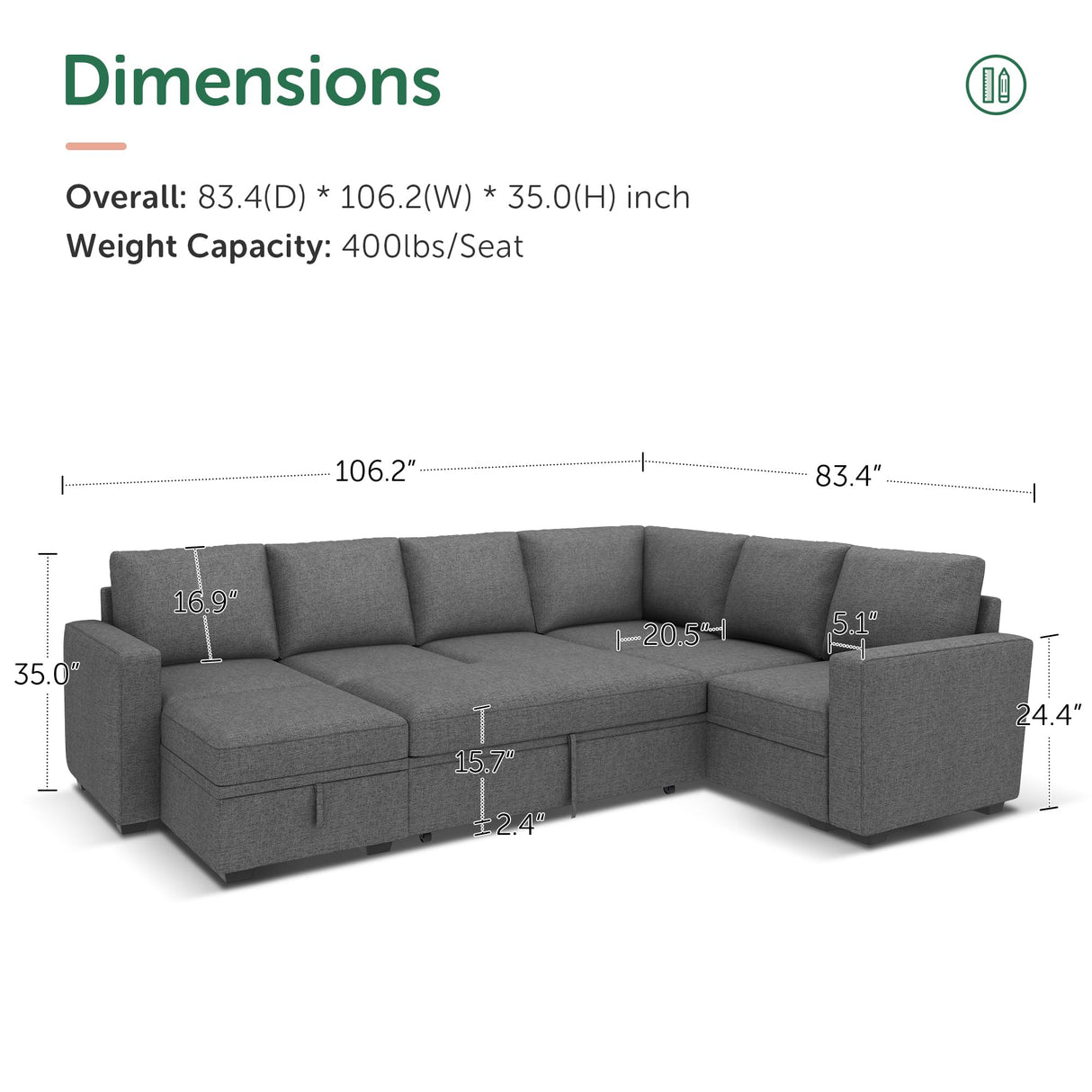 Modular Sectional Sleeper Sofa with Pull Out Bed, U Shaped Sectional Couch