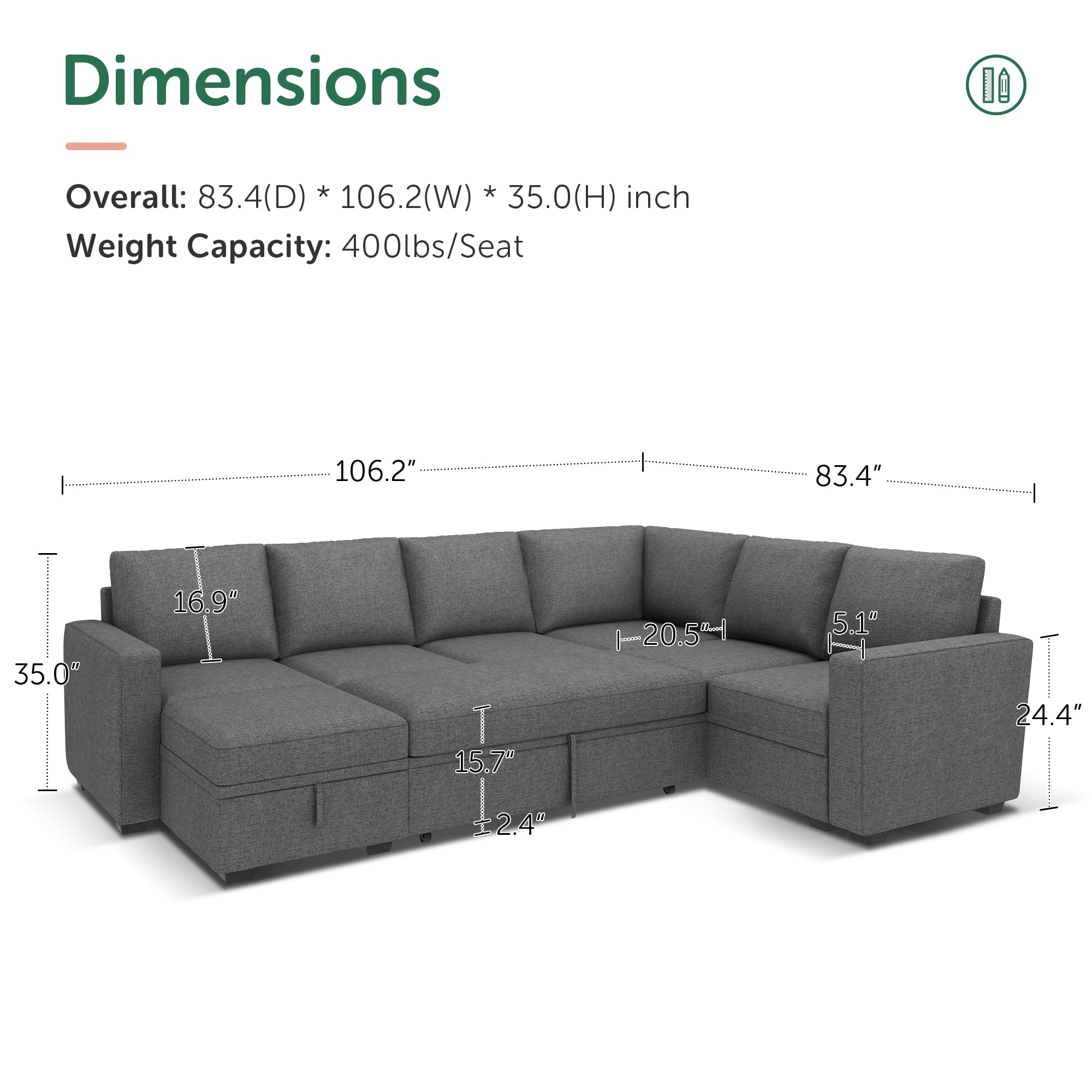 Modular Sectional Sleeper Sofa with Pull Out Bed, U Shaped Sectional Couch