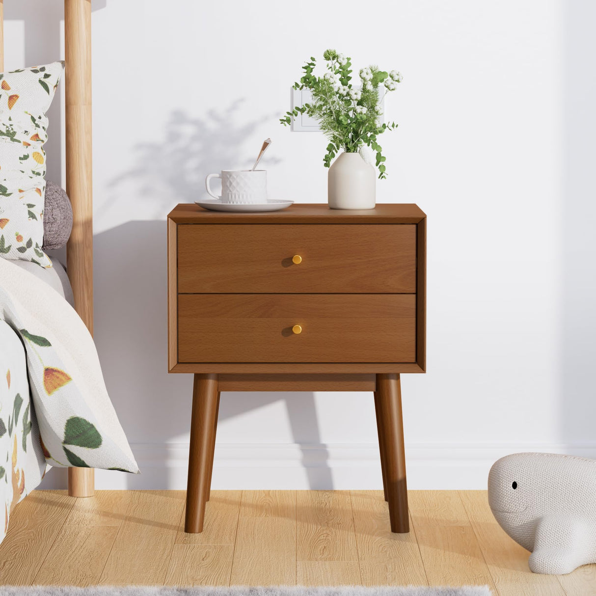 Solid Wood Nightstand with 2-Drawers, Mid-Century Modern Night Stand,Small Side End