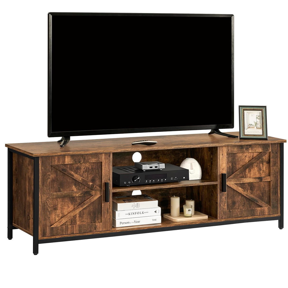 Farmhouse TV Stand for up to 65 Inch TV, Entertainment Center with 2 Cabinets & Shelf,